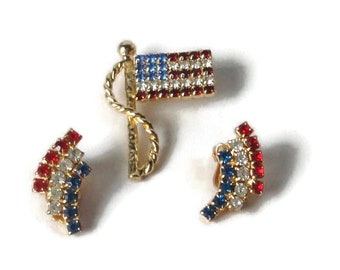 Gold tone Red, White and Blue Patriotic Flag Brooch and Earrings set.