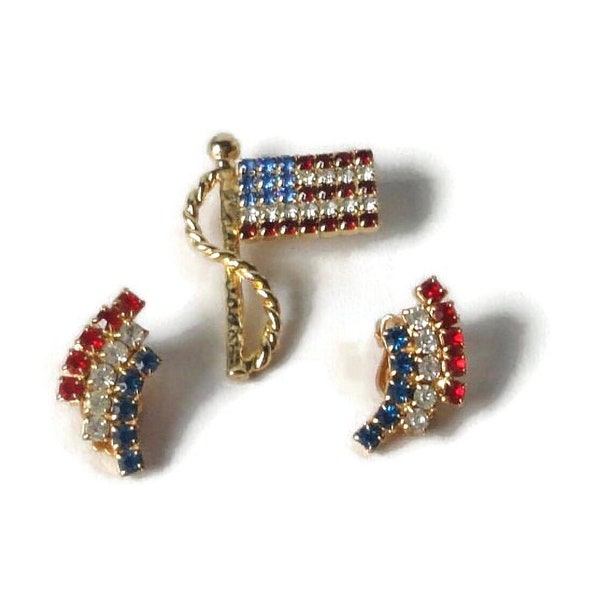 Gold tone Red, White and Blue Patriotic Flag Brooch and Earrings set.