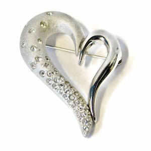 SWAROVSKY Textured and Polished Silver tone Clear Crystals Heart Brooch