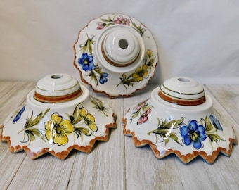 Vintage ITALIAN Hand Painted Ceramic Floral Canopy Ceiling Cap/ Lamp Part/ Altered Art.