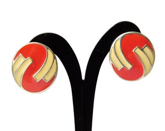 Vintage MONET  Silver tone  Cream and Orange color Enameled Pierced Earrings. Post Earrings.