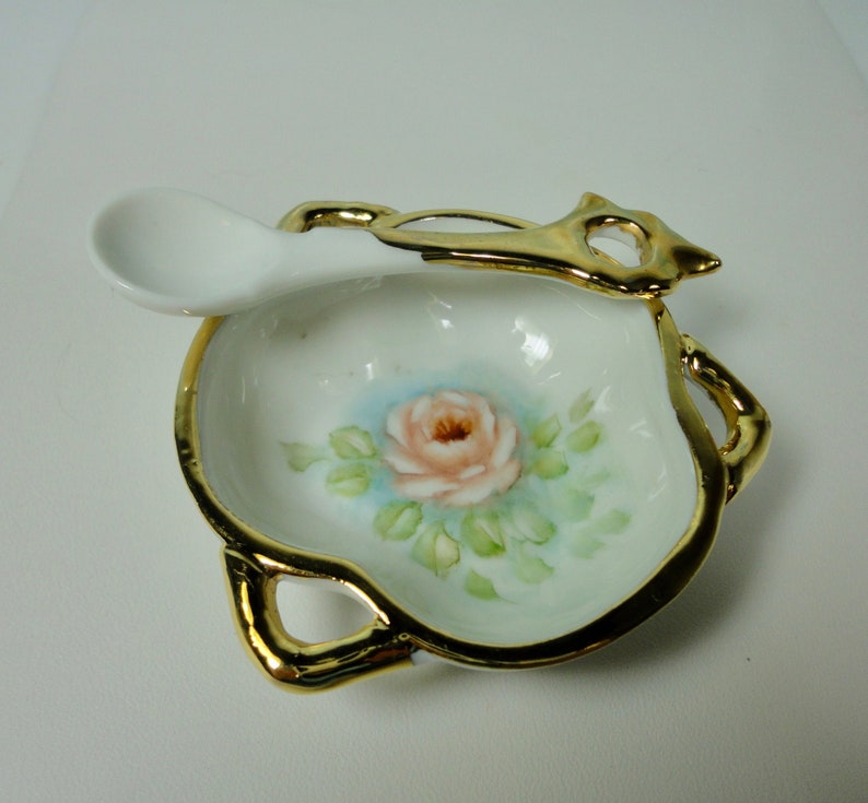 Hand Painted Flower Porcelain Condiment Bowl with Spoon. Etsy