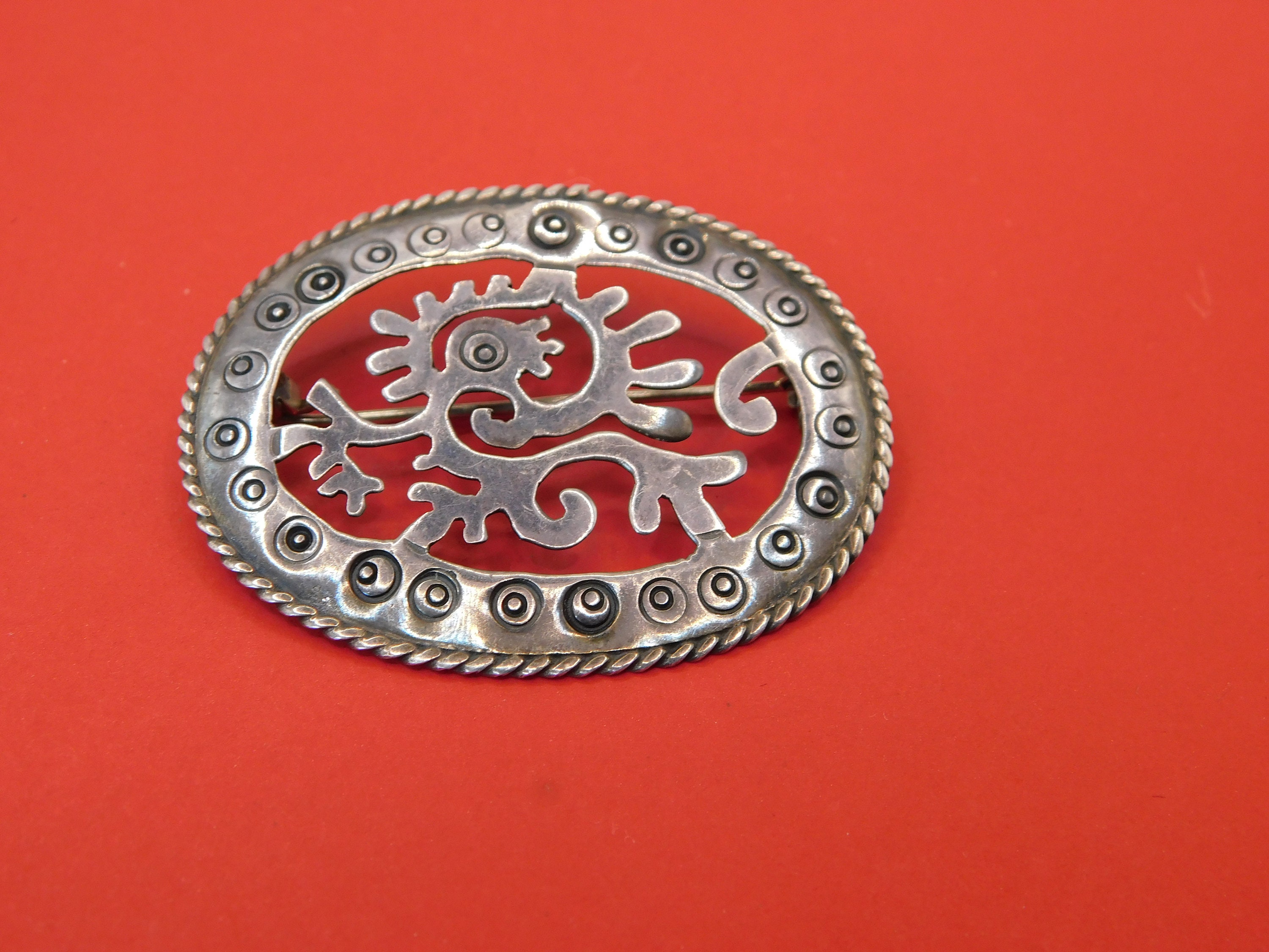 Mid Century Texaco Mexican 925 Silver Oval Brooch. Signed. Eagle