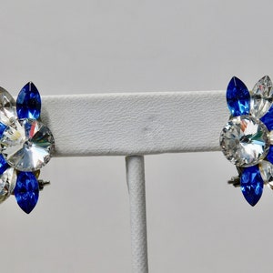 1980s Blue and Clear Rhinestones Wendy Gell Style Pierced Clip Earrings. image 4