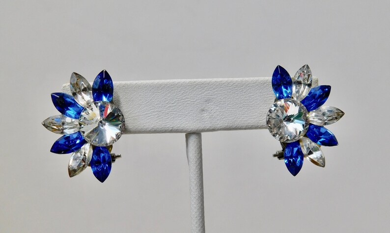 1980s Blue and Clear Rhinestones Wendy Gell Style Pierced Clip Earrings. image 4