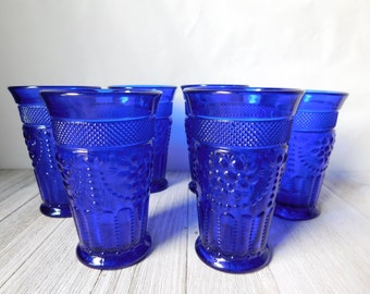 Vintage Royal Sapphire Pressed Glass 4 inches Tumbler Set of 6.