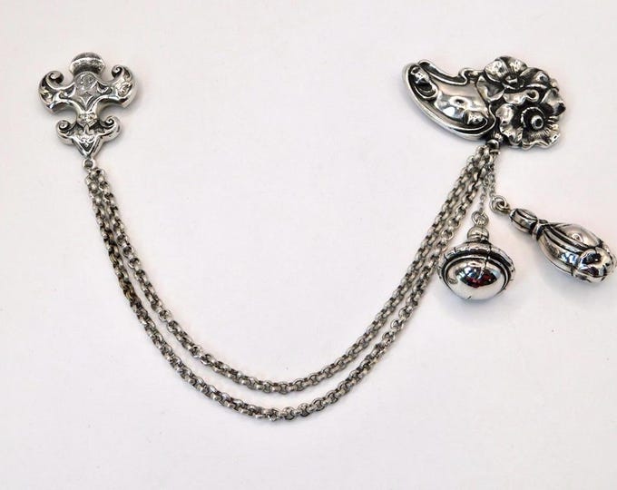 Vintage Silver Tone Double Brooch With Chain and Fob Dangles. Heraldic ...