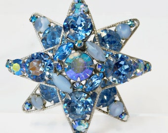 Vintage REGENCY Silver-Tone Metal Plating with  Blue Moon Glow,  AB Blue and Ice Blue Rhinestones  STAR Brooch/Pin