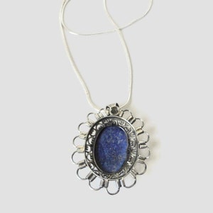 Vintage Ornate 925 S. Silver with Large Oval Lapis Lazuli Pendant with snake Chain. image 5