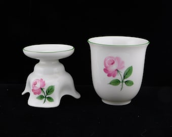 Royal Vienna Augarten Hand painted Rose Porcelain Vase and Candle Holder. 2pc