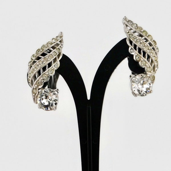 Elsa SCHIAPARELLI Rhodium Plated Clear Rhinestones Earrings.
