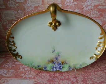 1920s William Guerin and Co  Hand Painted Violets, Gold Gilded  Oval Porcelain Tray. Bavaria France.