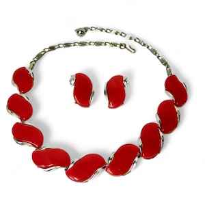 Vintage LISNER Silver-tone Red Thermoset Lucite Necklace and Earrings Set.