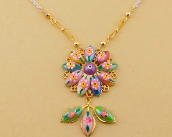 Flor Necklace. Hand Painted Multi-Color Glass Flower and Leaves Pendant Necklace.
