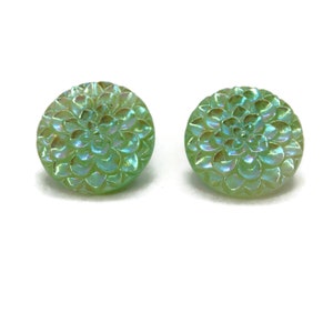 West Germany Iridescent Mint Green  Molded Glass Clip on Earrings. Dahlia  Flower shaped.