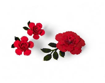 Vintage Red Enamel Flower Brooch and Earrings Set, 1960s Mod Style