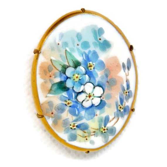 Victorian Oval Hand painted Blue Floral Porcelain… - image 1