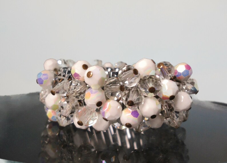 Vintage AB White and Clear Glass Faceted Beads Stretch Bracelet. JAPAN. Cha-Cha Bracelet image 4