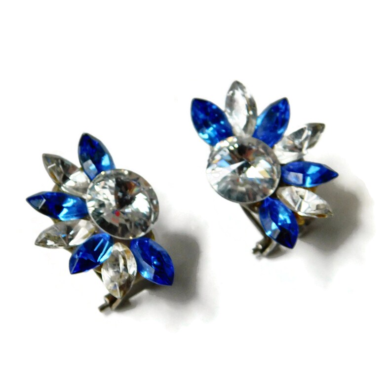 1980s Blue and Clear Rhinestones Wendy Gell Style Pierced Clip Earrings. image 7