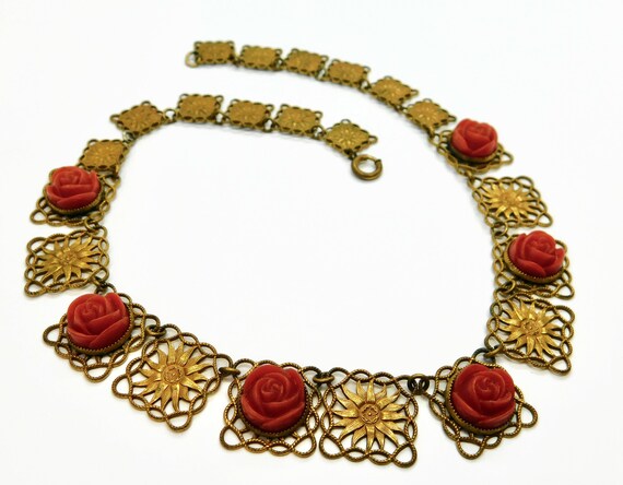 1930s CZECH Gold tone Squares Ornate Links with F… - image 8