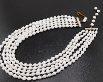 Vintage Multi Strands Faceted Milk Glass Beads Necklace. 5 Strands
