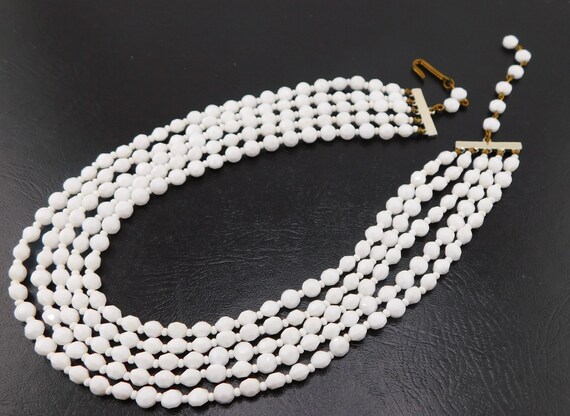 Vintage Multi Strands Faceted Milk Glass Beads Necklace. 5 Strands