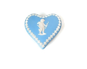 Dudson Hanley Blue and White  Jasper Ware with Cupid. Heart shaped  Trinket Box. Made in England.