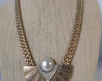Vintage Park Lane Faux Pearl Rhinestone Necklace. Deco Style Fan Choker necklace