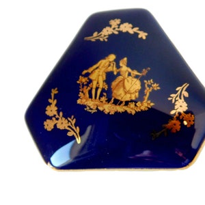 Vintage Artistique F.M Limoges France Cobalt Blue Porcelain 22KG Trim Fragonard Courting Couple Trinket Box with Lid