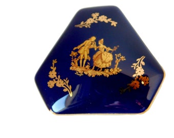 Vintage Artistique F.M Limoges France Cobalt Blue Porcelain 22KG Trim Fragonard Courting Couple Trinket Box with Lid