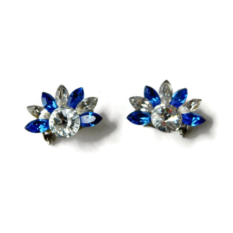 1980s Blue and Clear Rhinestones Wendy Gell Style Pierced Clip Earrings. image 9