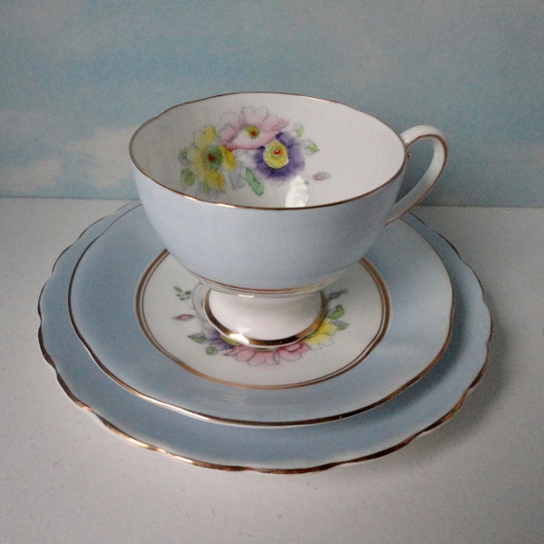 Vintage ROYAL STANDARD Bone China Teacup and Saucers Trio. Pale Blue and White with  Pink, Yellow and Purple Poppy Flowers