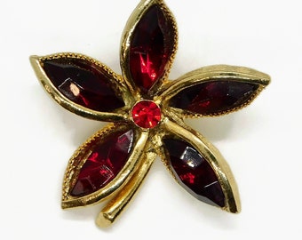 Vintage Ruby Red  Rhinestones Flower Brooch
