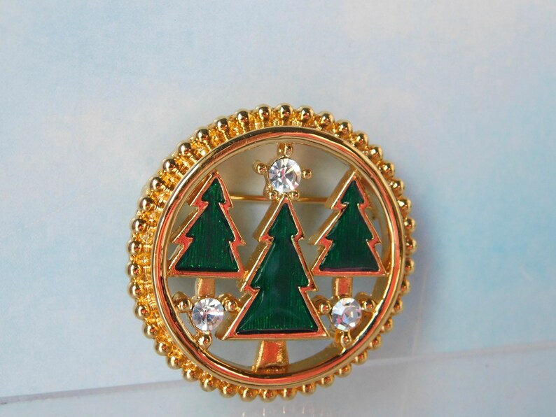 MONET Christmas Trees with Rhinestones Circle BroochPin.