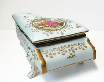 Vintage Bone China Fragonard Scene Piano JewelryBox.