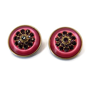 Vintage Magenta  Color Lucite with  Amethyst Color Rhinestones Clip on Earrings.