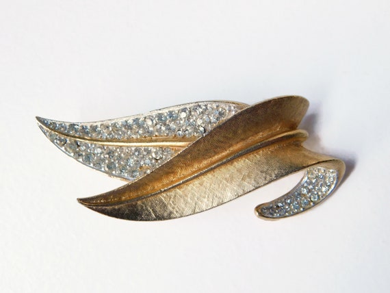 B.S.K Gold With Clear Pave Rhinestones Double Leaf Brooch pin Etsy UK