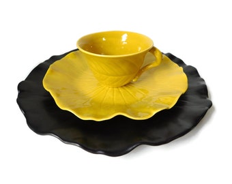 Vintage Black and Yellow Ceramic Lotus Leaves Plates and Cup Dining set. 3 pcs.