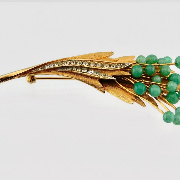 Mid Century Textured Gold tone Faux Jade Chrysoprase Glass and Clear Rhinestones Brooch.