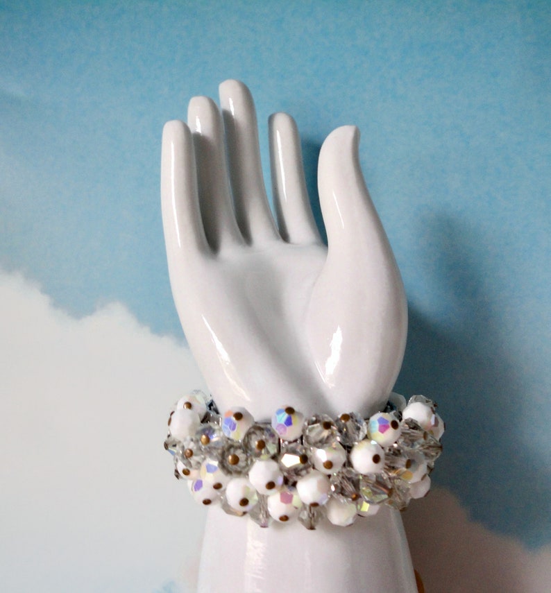 Vintage AB White and Clear Glass Faceted Beads Stretch Bracelet. JAPAN. Cha-Cha Bracelet image 2