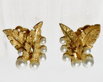 Unsigned KRAMER Gold Tone Leaves with White Faux Pearls  Clip on Earrings. 1960's.