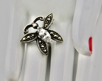 Vintage 925 Silver Butterfly with Marcasite and Clear Faceted Crystal  Brooch. Small Butterfly Brooch.