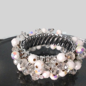 Vintage AB White and Clear Glass Faceted Beads Stretch Bracelet. JAPAN. Cha-Cha Bracelet image 9