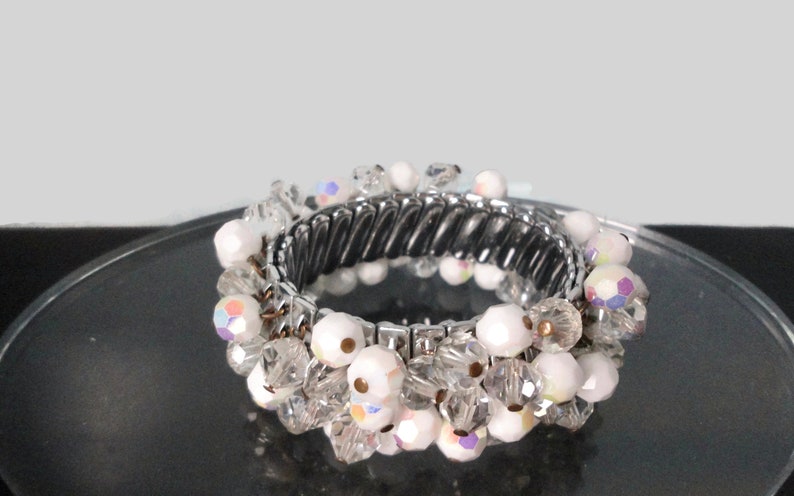 Vintage AB White and Clear Glass Faceted Beads Stretch Bracelet. JAPAN. Cha-Cha Bracelet image 9