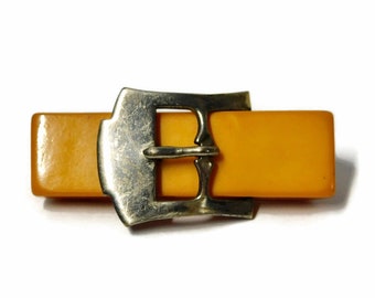 1930s Butterscotch BAKELITE and Metal Buckle Lapel Pin/Brooch