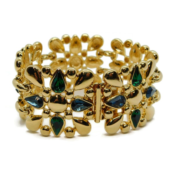 Vintage  Sandra Burrow Miller Gold tone Bracelet with Green and Blue  Swarovski Crystals. Sandi Miller.