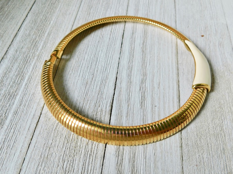 MONET Modernist Gold Tone Snake Chain with Cream Enameled Slide Choker Necklace.