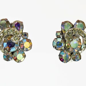 Vintage WEISS Silver-tone Clear Aurora Borealis Rhinestones Earrings.
