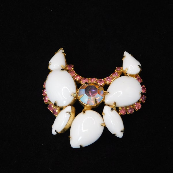 Vintage Gold tone with Milk Glass, Pink  and AB Rhinestone Brooch. Gorgeous White and Pink Brooch.