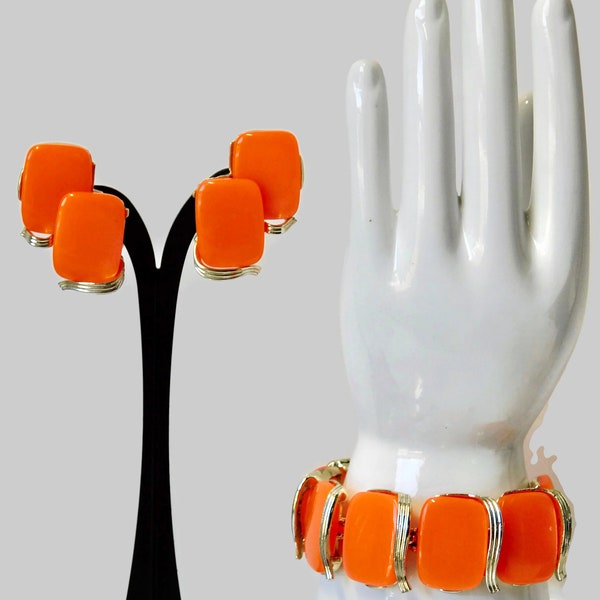 Vintage LISNER Neon Orange Lucite Thermoset Bracelet and Earrings.